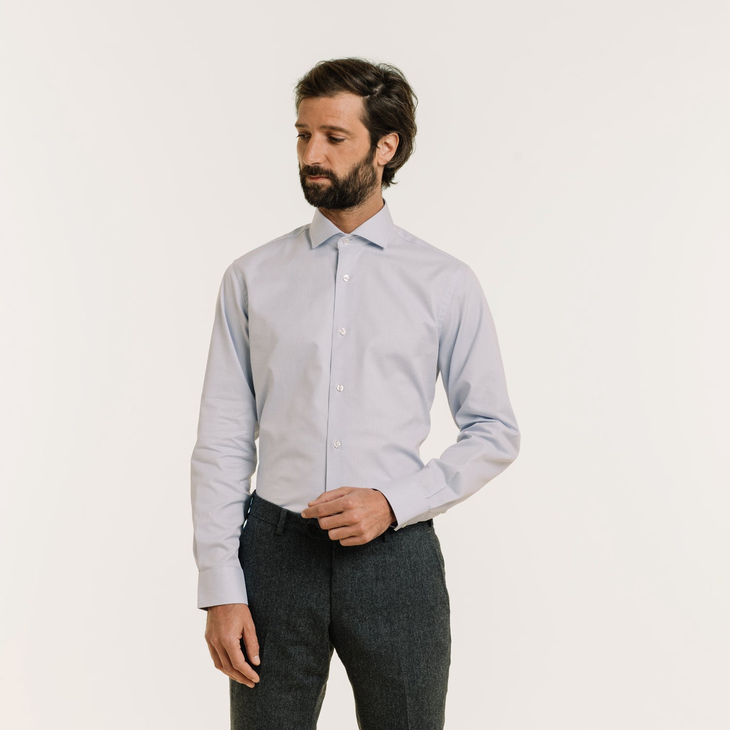 Chemise cintrée en royal oxford double retors pied de puce bleue