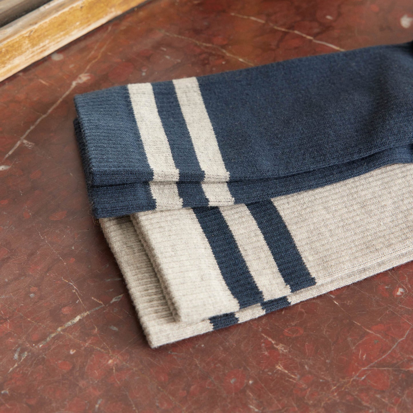 Navy and gray striped socks