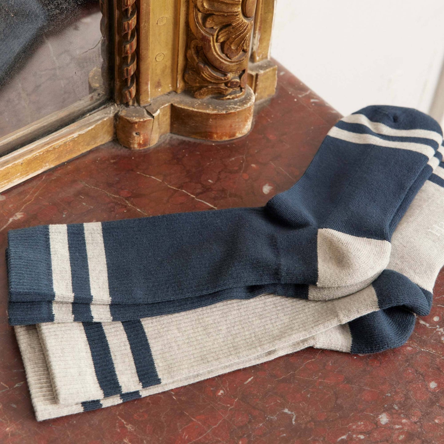 Navy and gray striped socks