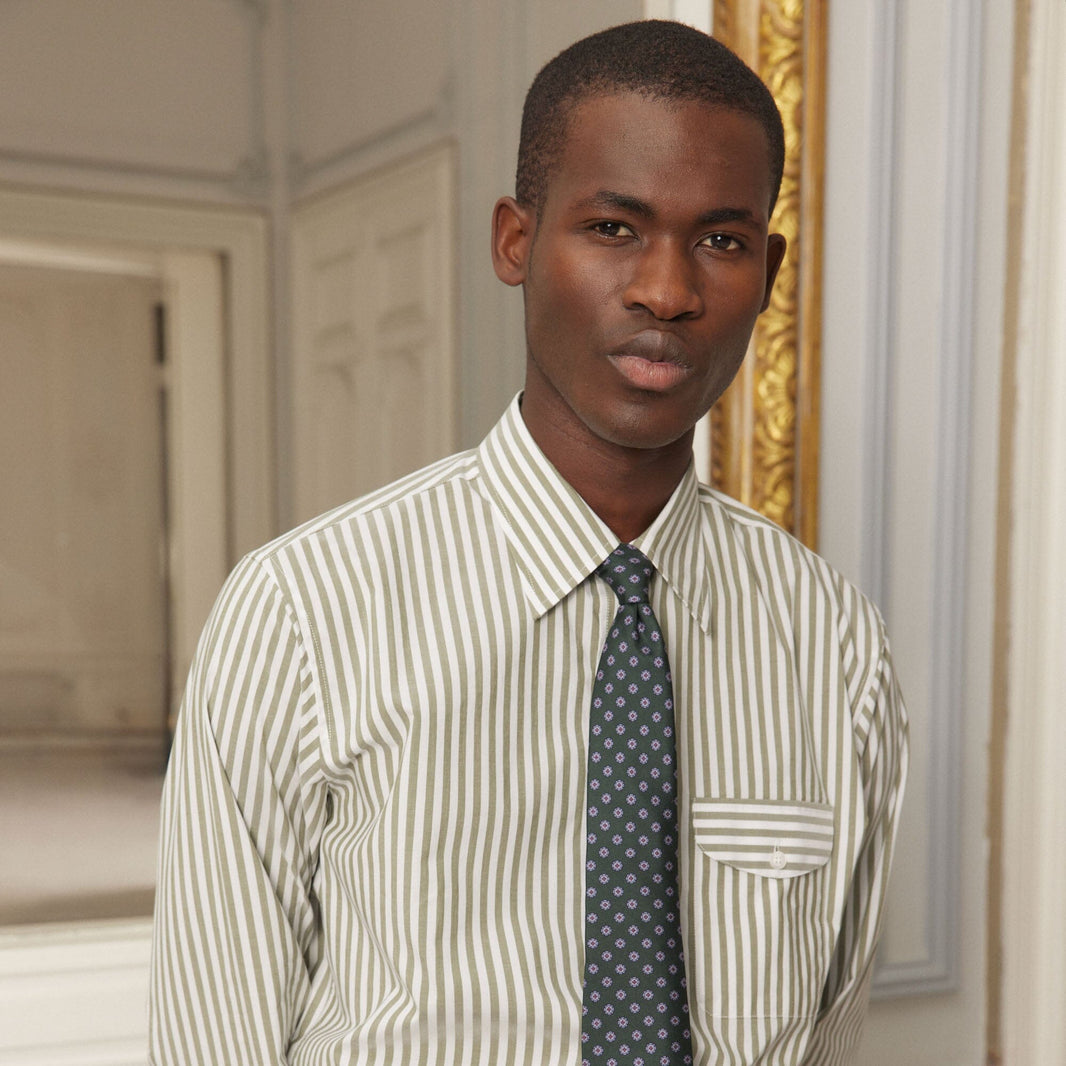 Green and white striped poplin shirt