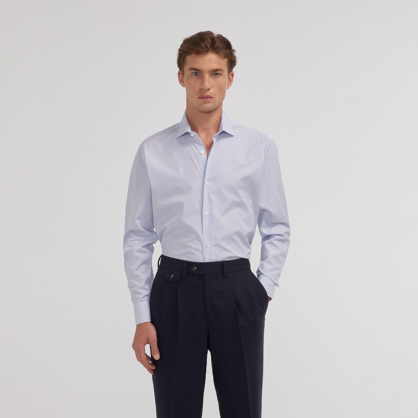 Double-twisted poplin shirt with fine blue stripes