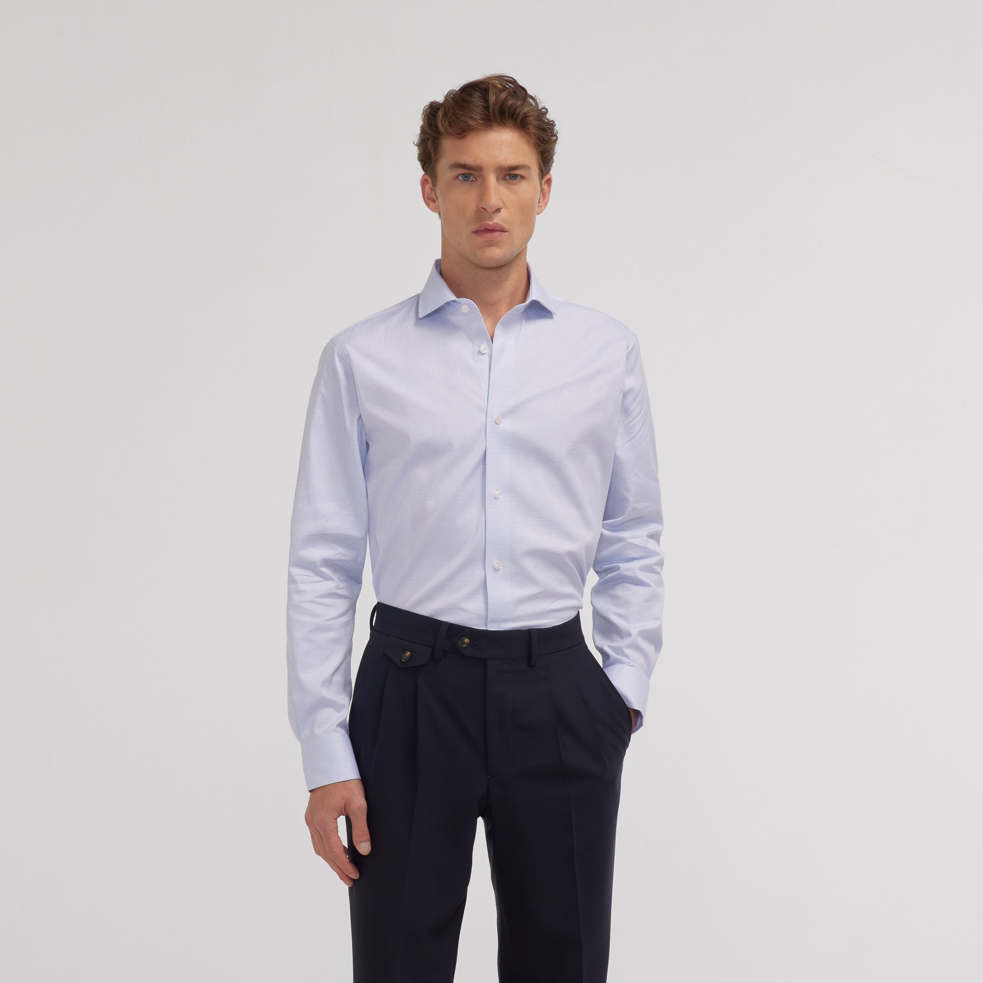 Chemise en royal oxford double retors pied de puce bleue