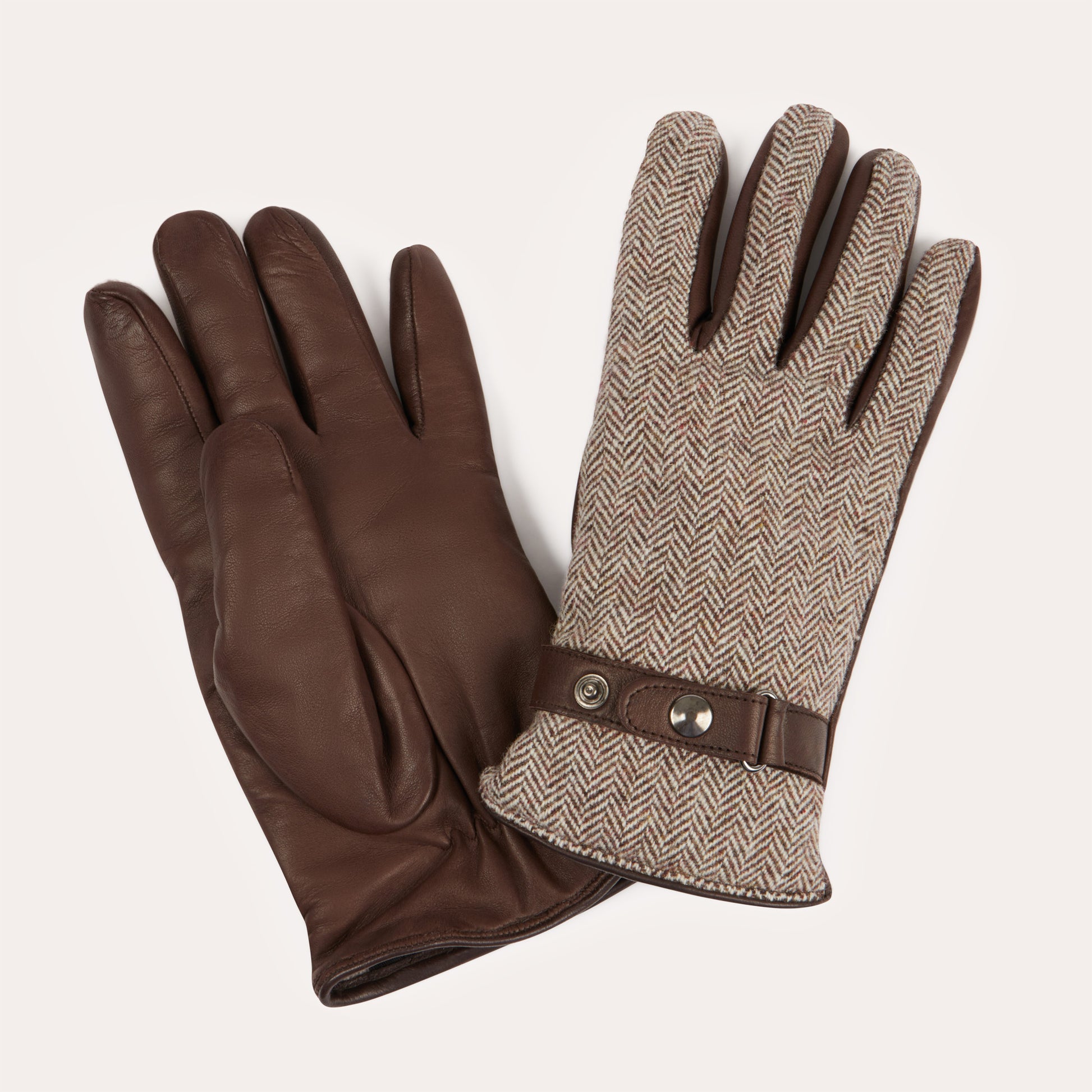 Gants en cuir et laine à chevrons marron