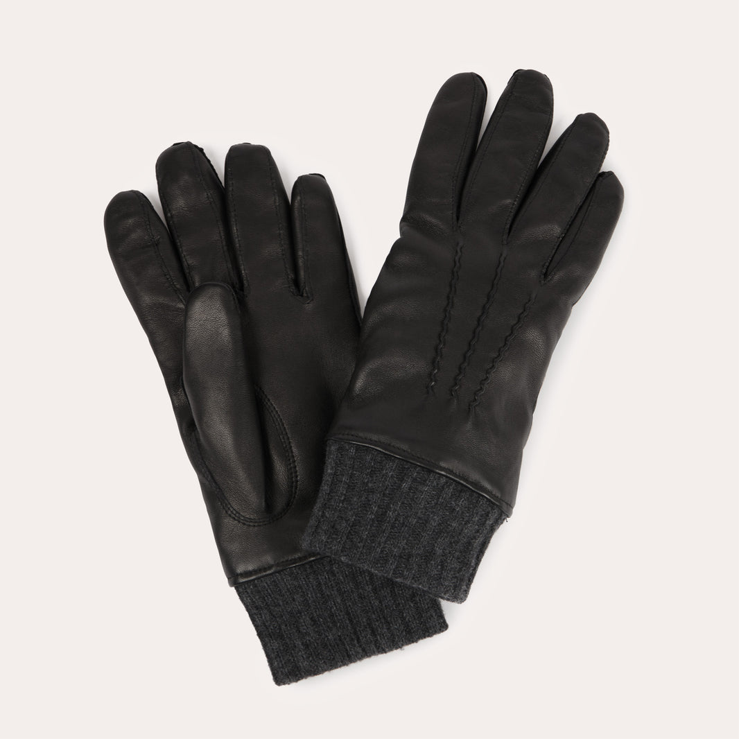 Black leather gloves with anthracite ribbing