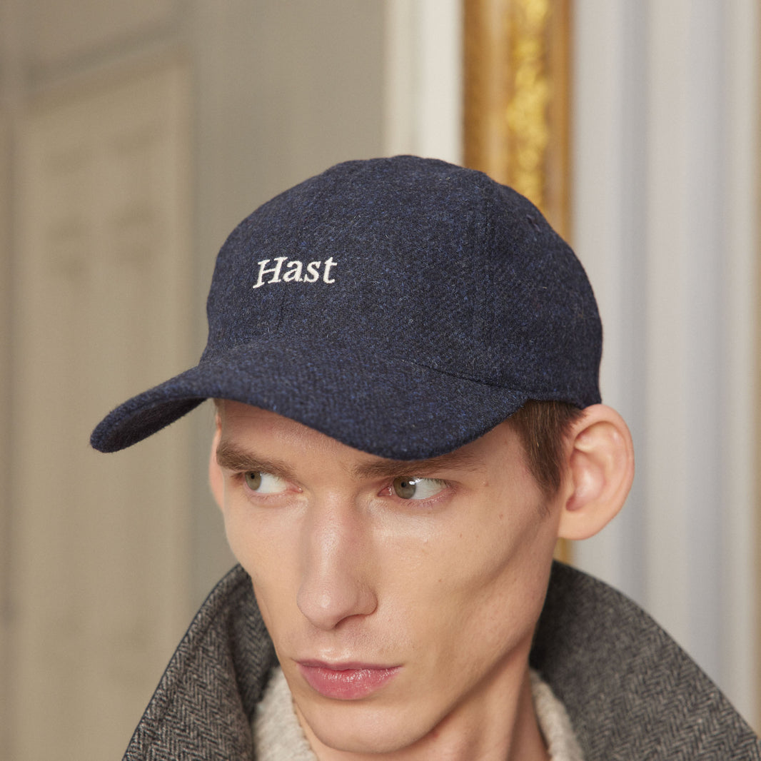 Ecru embroidered navy wool cap