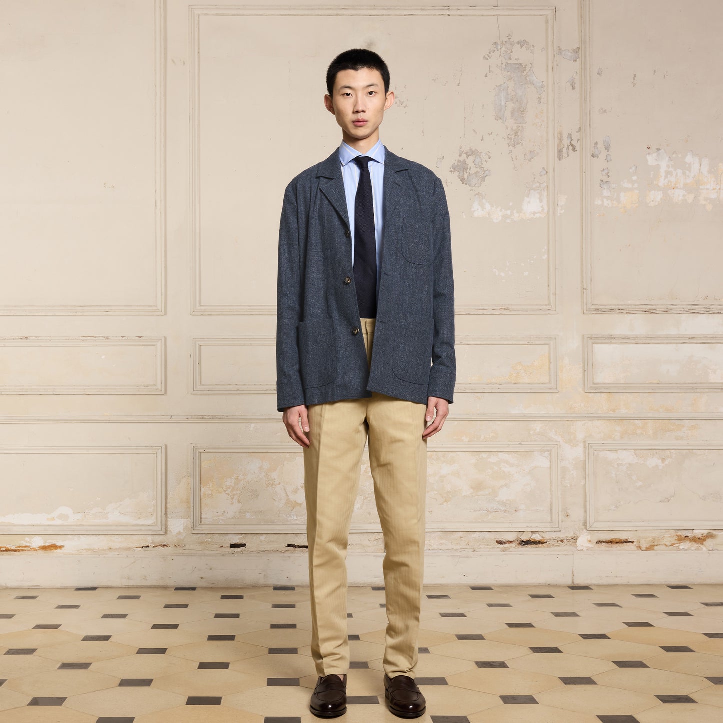 Veste tailleur déstructurée en coton bleu chiné