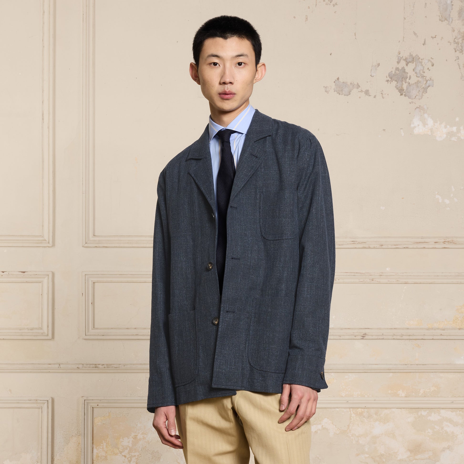 Veste tailleur déstructurée en coton bleu chiné