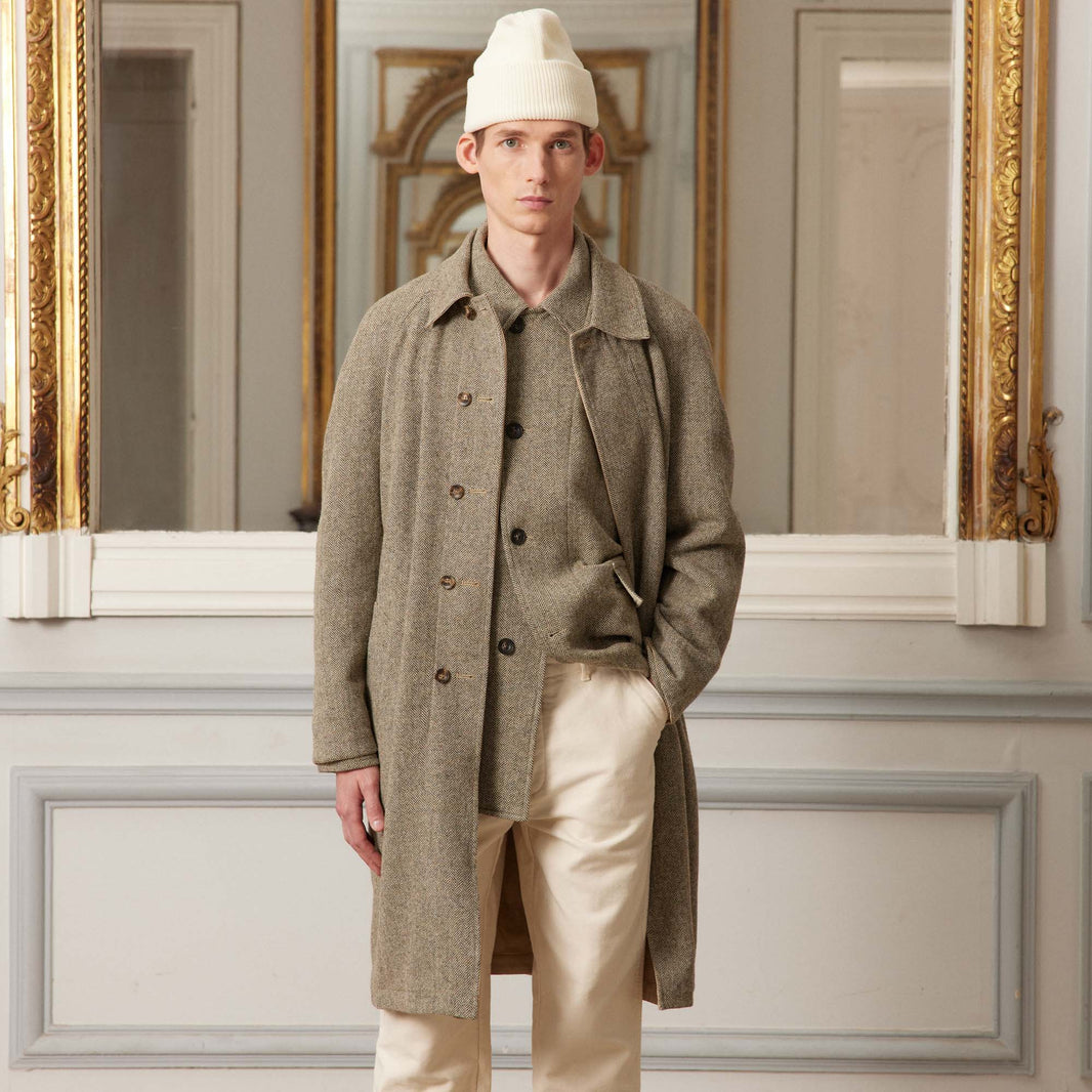 Reversible mac in water-repellent cotton and beige wool