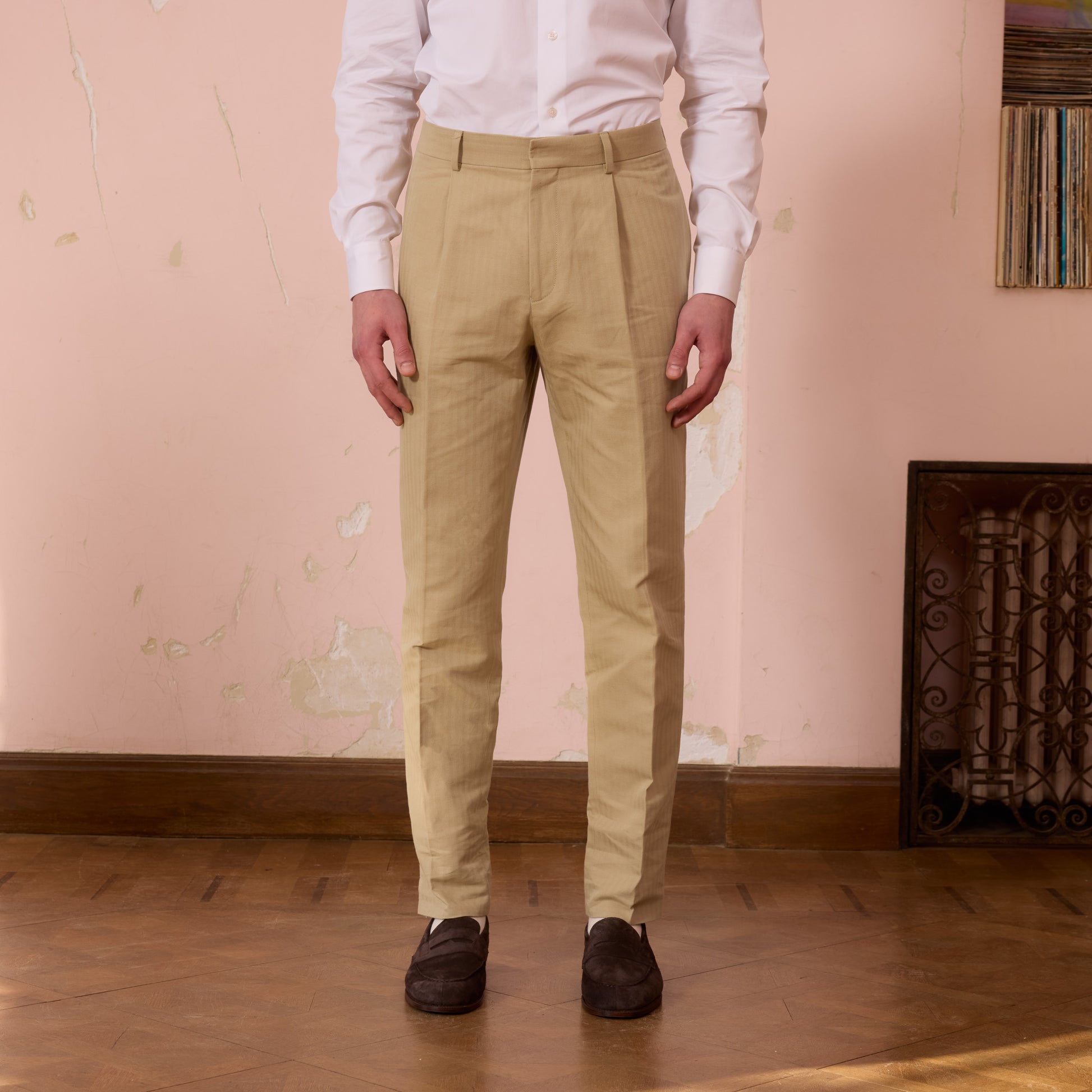 Pantalon à pince en coton et lin beige