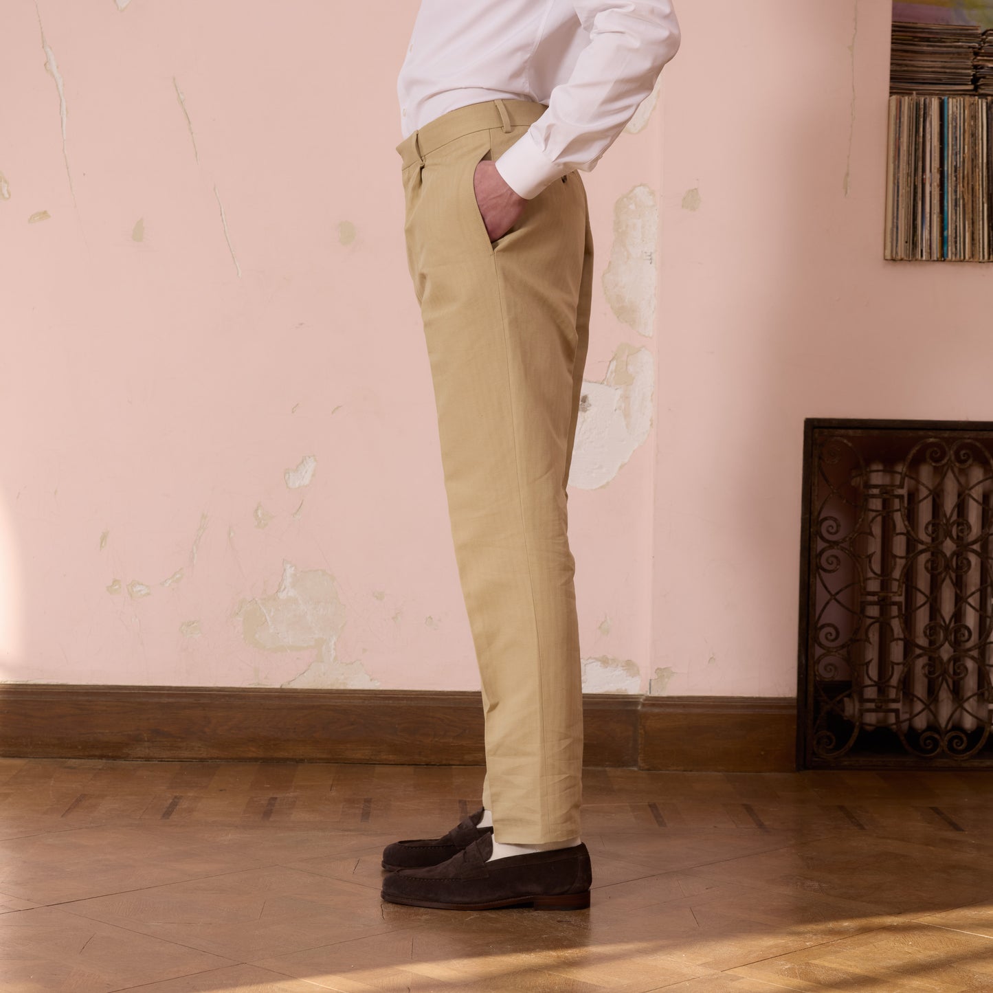 Pantalon à pince en coton et lin beige