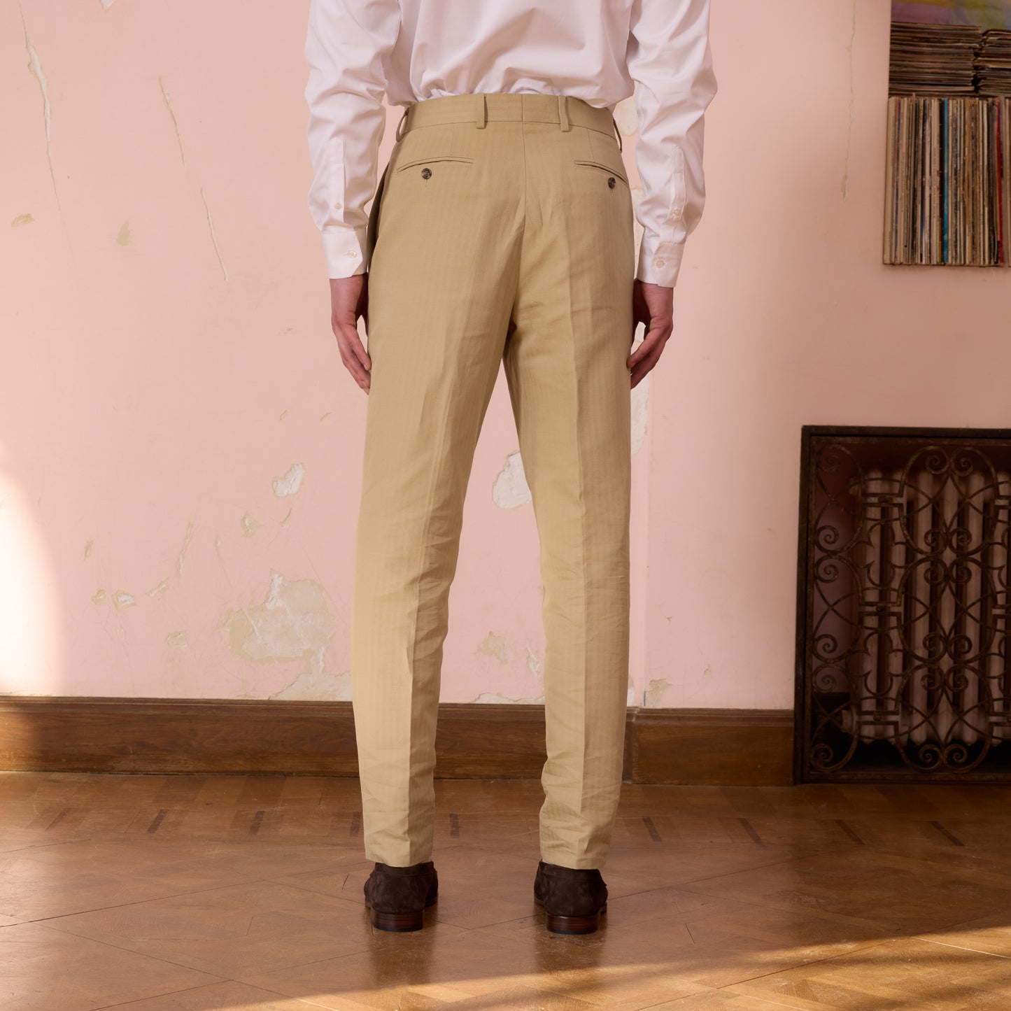 Pantalon à pince en coton et lin beige