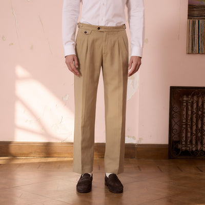 Beige cotton and linen double pleated pants