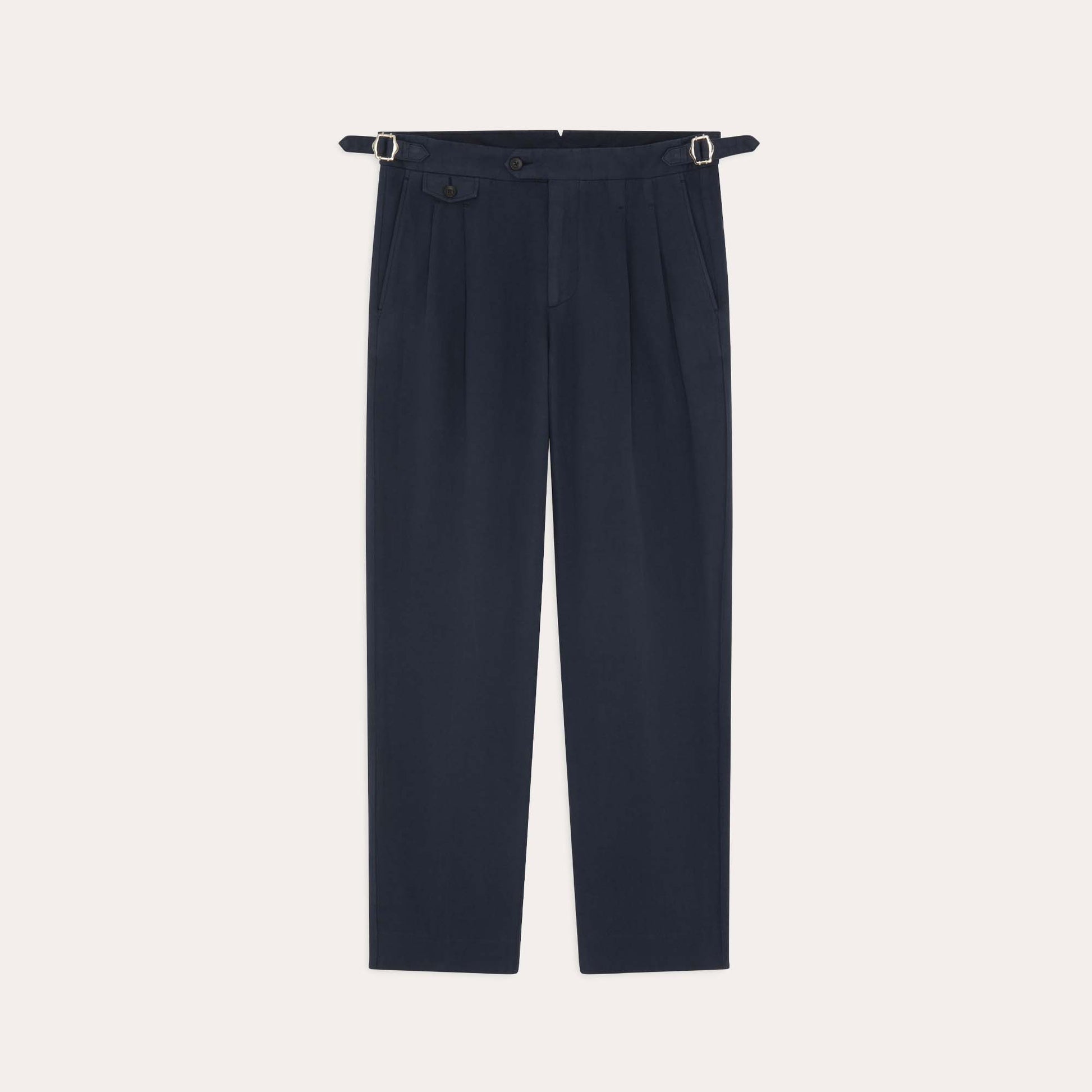 Pantalon à double plis en coton et lin marine