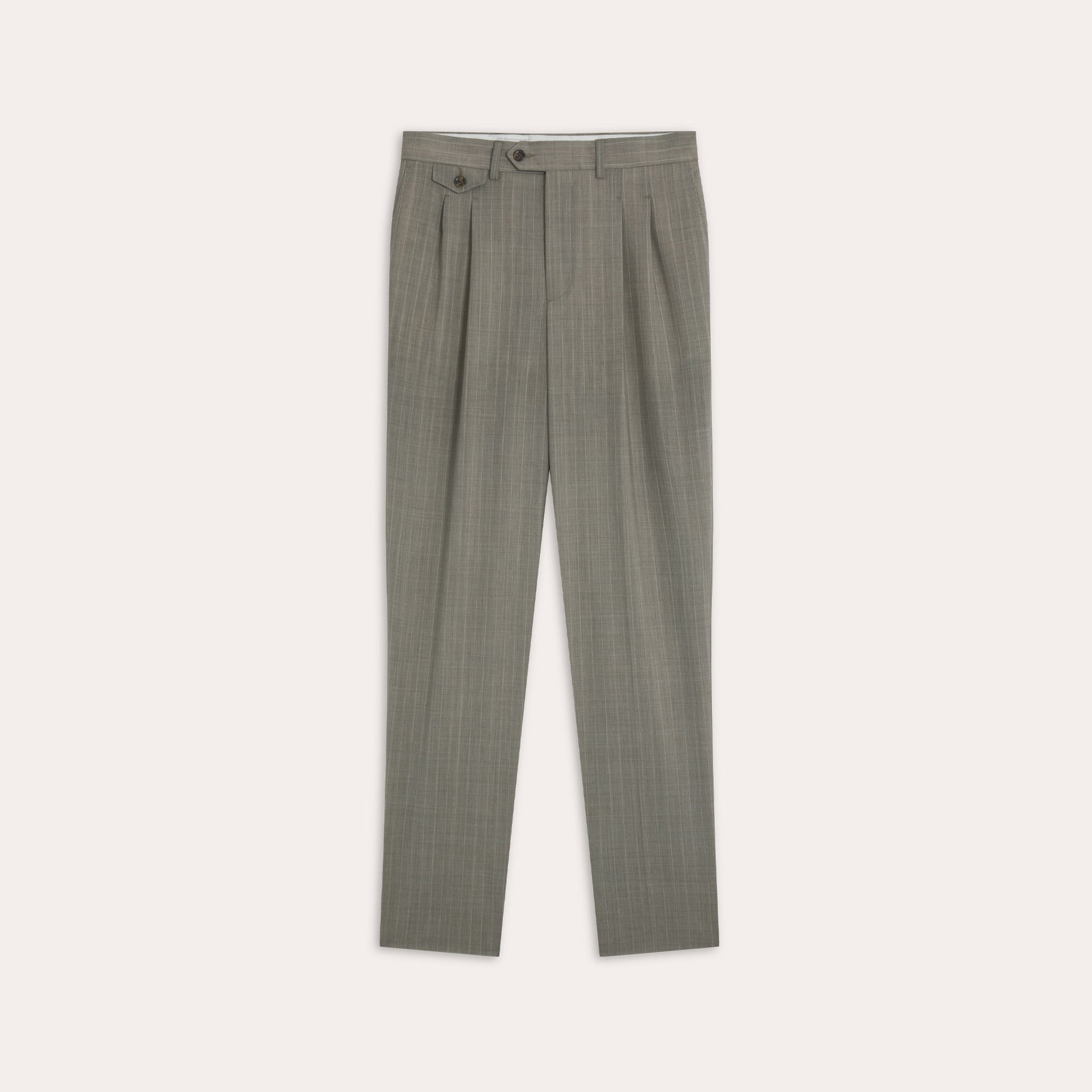 Pantalon gris à double plis en laine à rayures