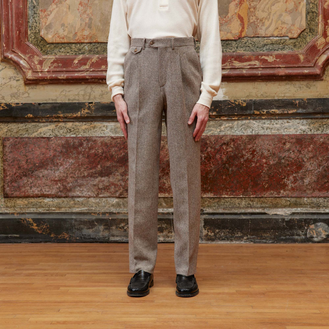 Double pleated brown herringbone wool trousers