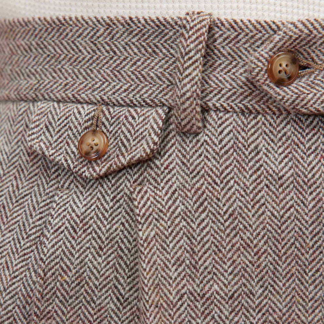 Double pleated brown herringbone wool trousers