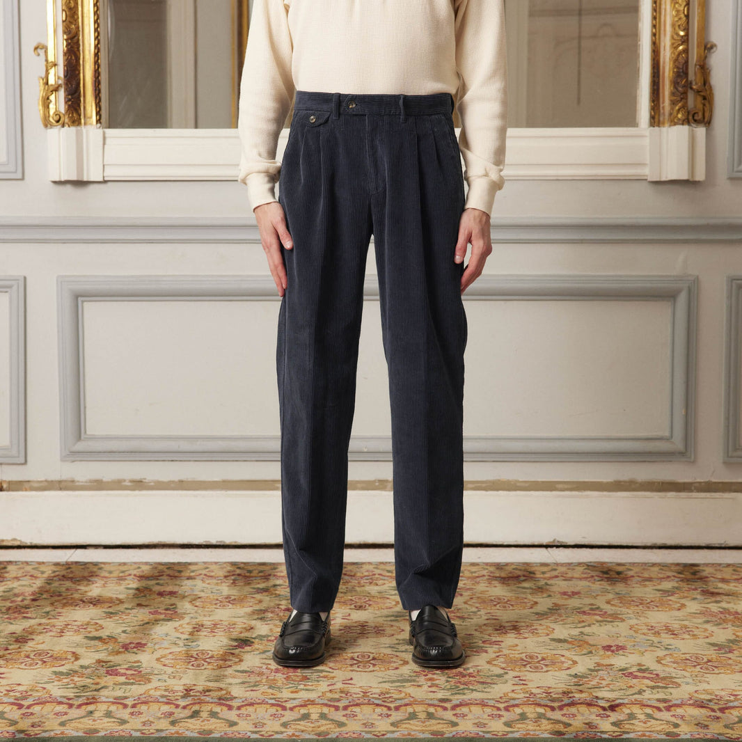 Navy velvet double pleated pants