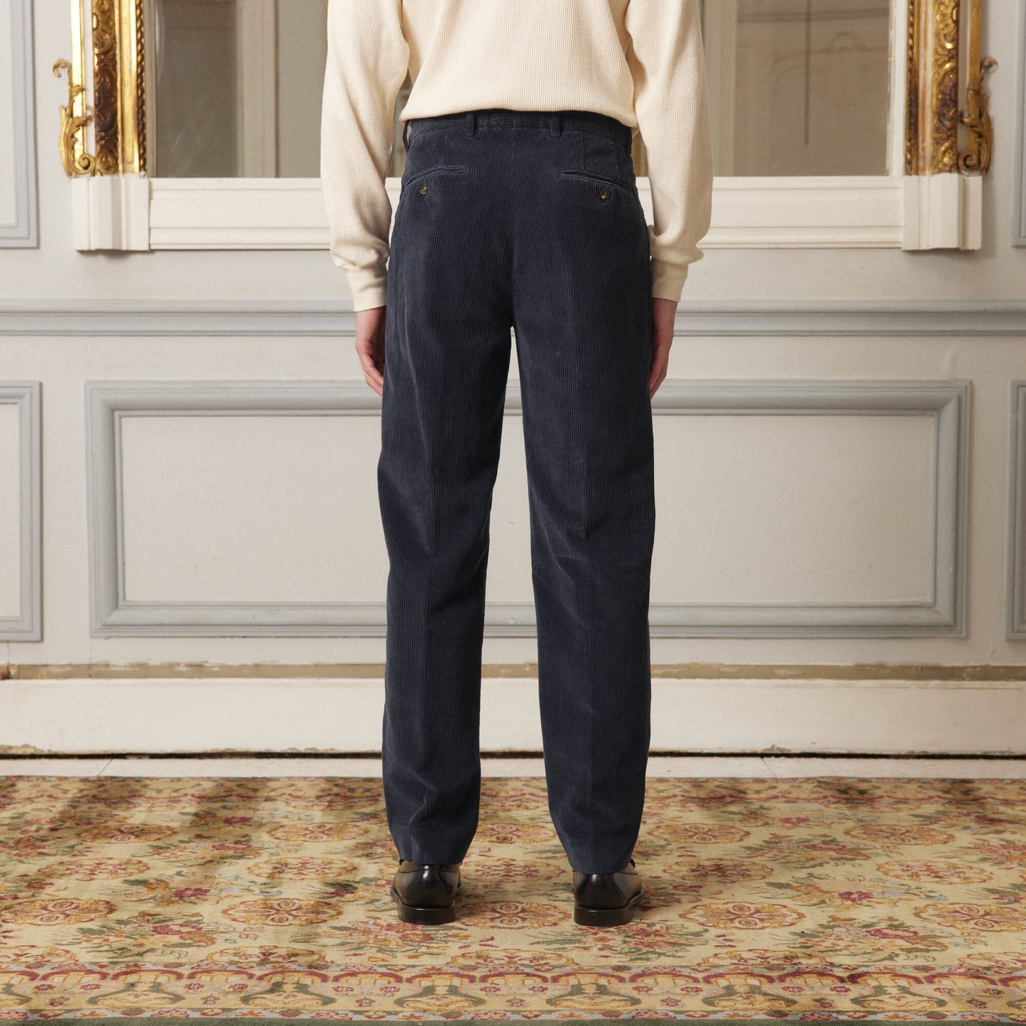 Navy velvet double pleated pants