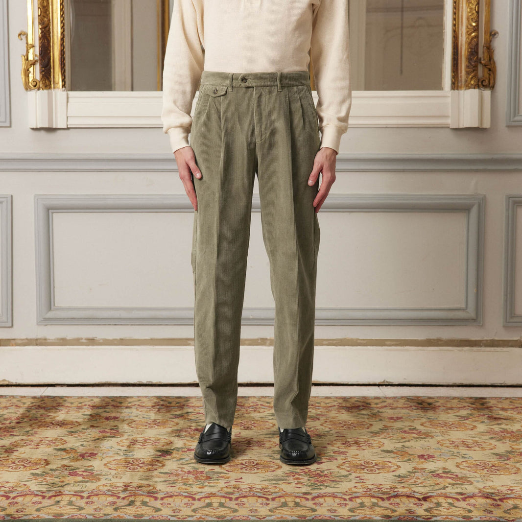 Double pleated sage green corduroy trousers