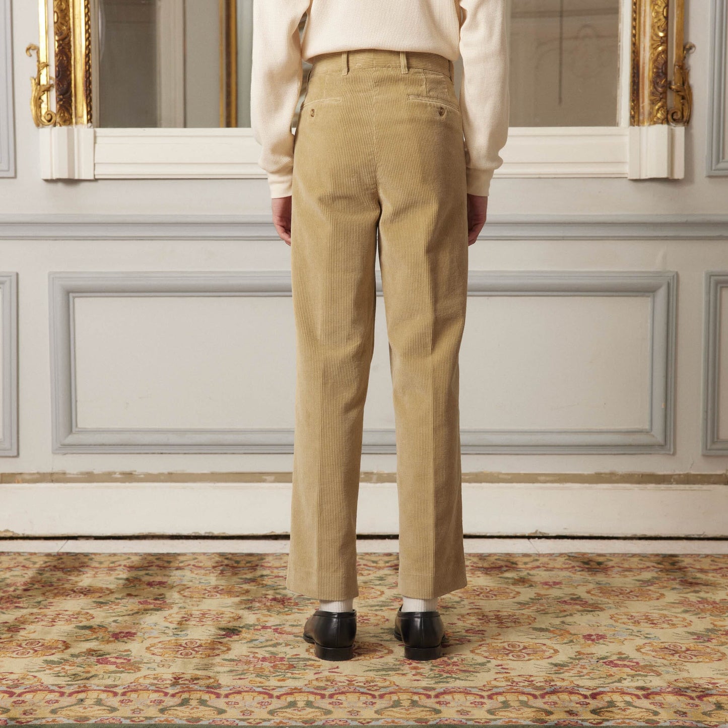 Beige velvet double pleated trousers