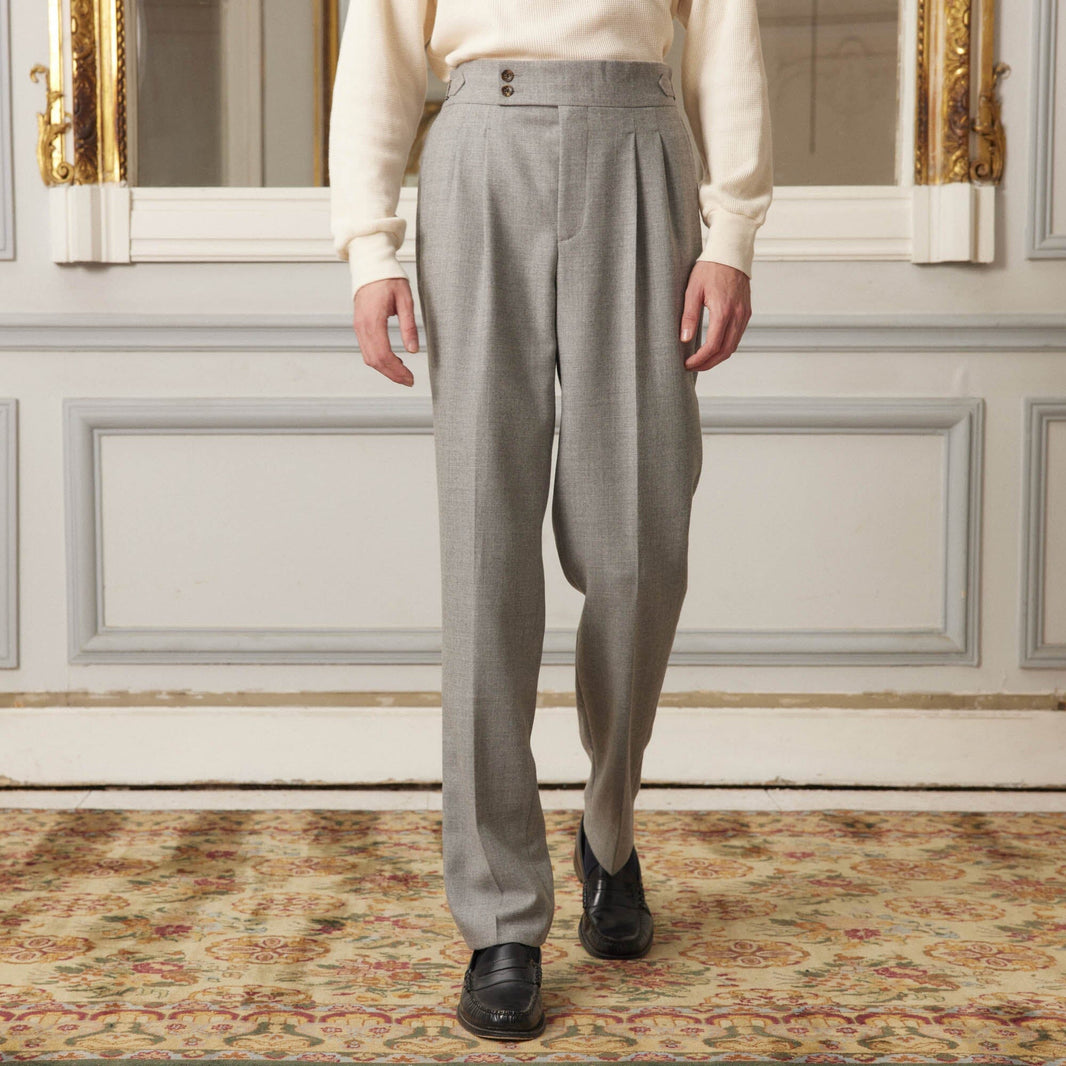 Double pleated light grey wool trousers