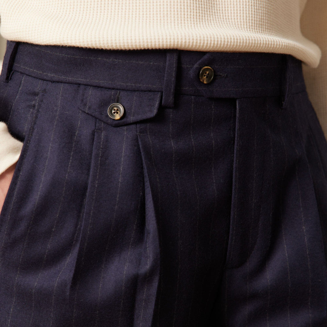 Double pleated pants in chalk striped navy wool flannel