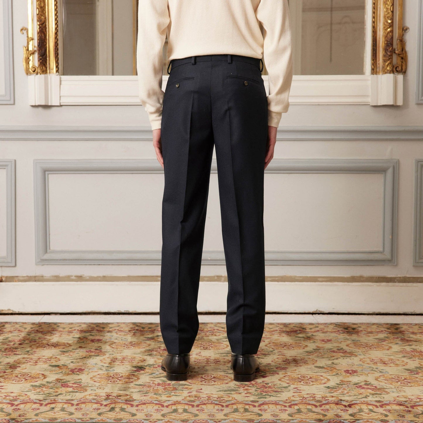 Navy Wool Flannel Double Pleated Trousers