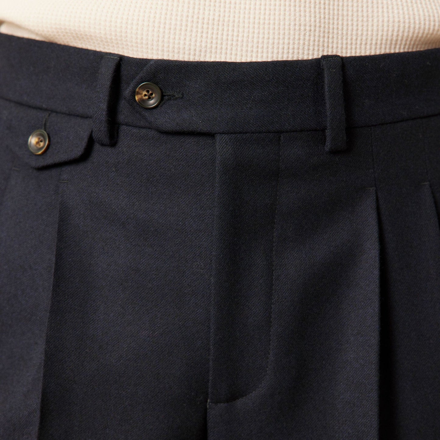 Navy Wool Flannel Double Pleated Trousers