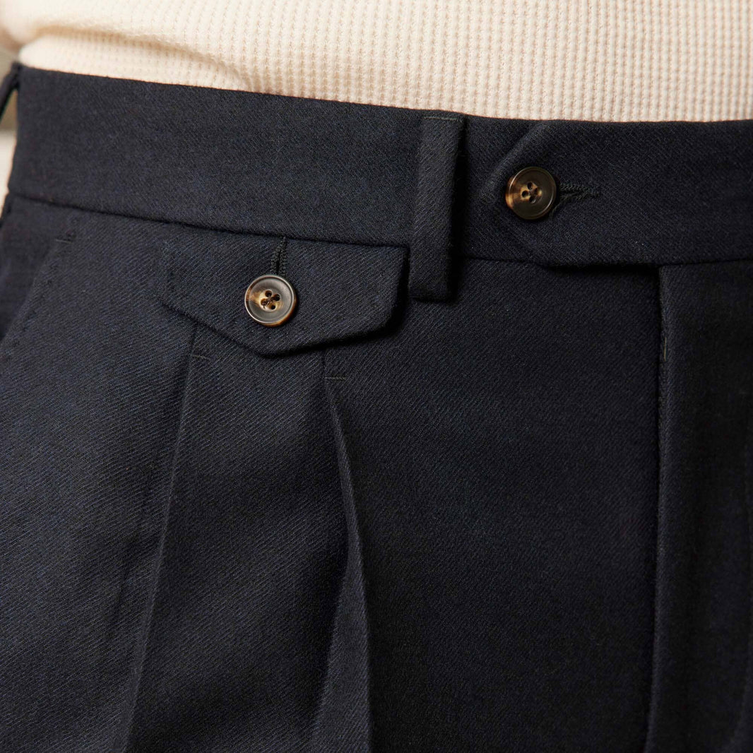 Double pleated navy wool flannel trousers