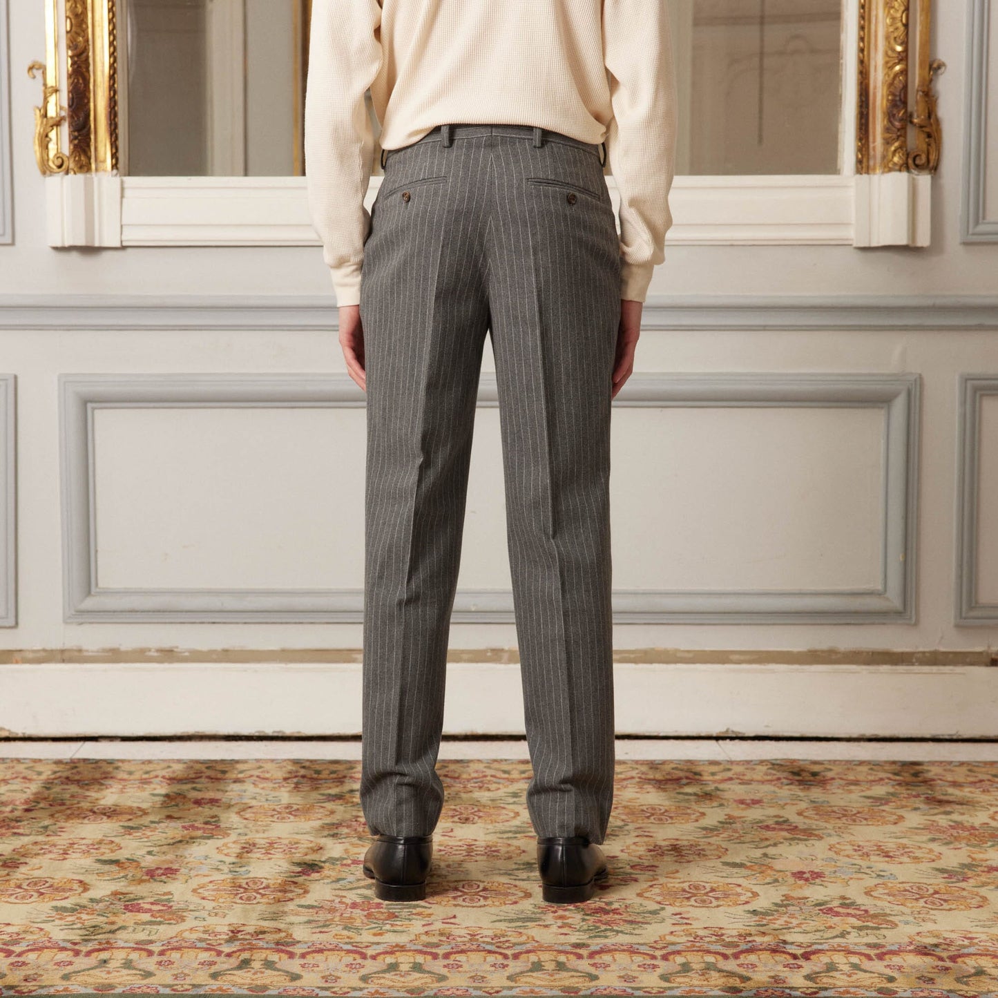 Double pleated trousers in gray striped cotton moleskin