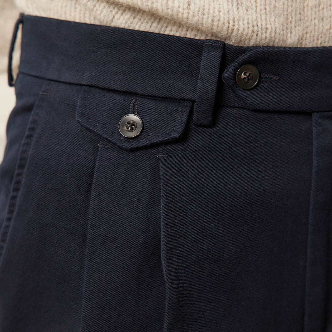 Double pleated navy cotton chinos