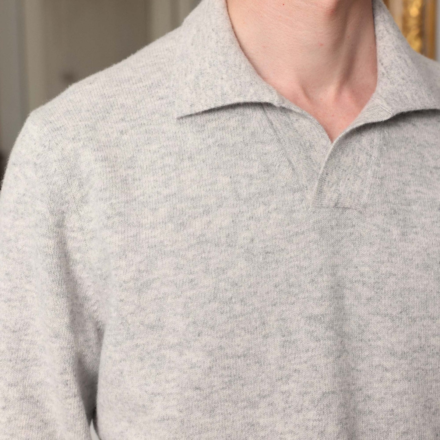 Grey Heather Merino Wool Polo Neck Sweater