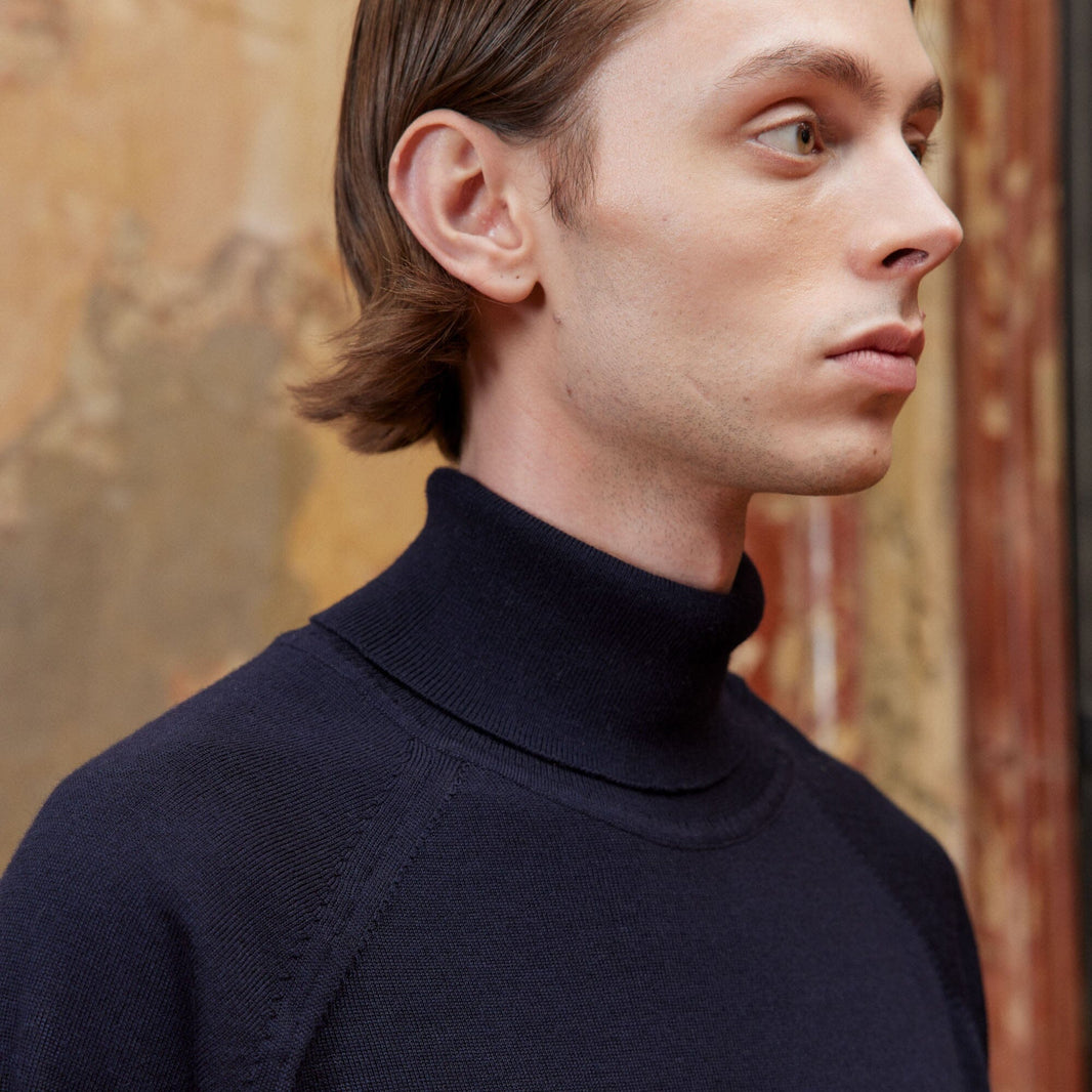 Navy Merino Wool Turtleneck Sweater