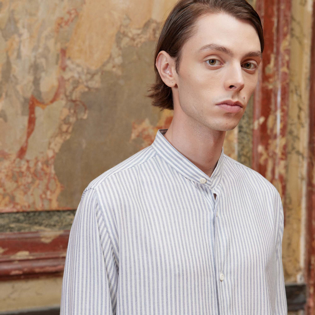 Chemise en modal et laine mérinos à rayures bleues et blanches