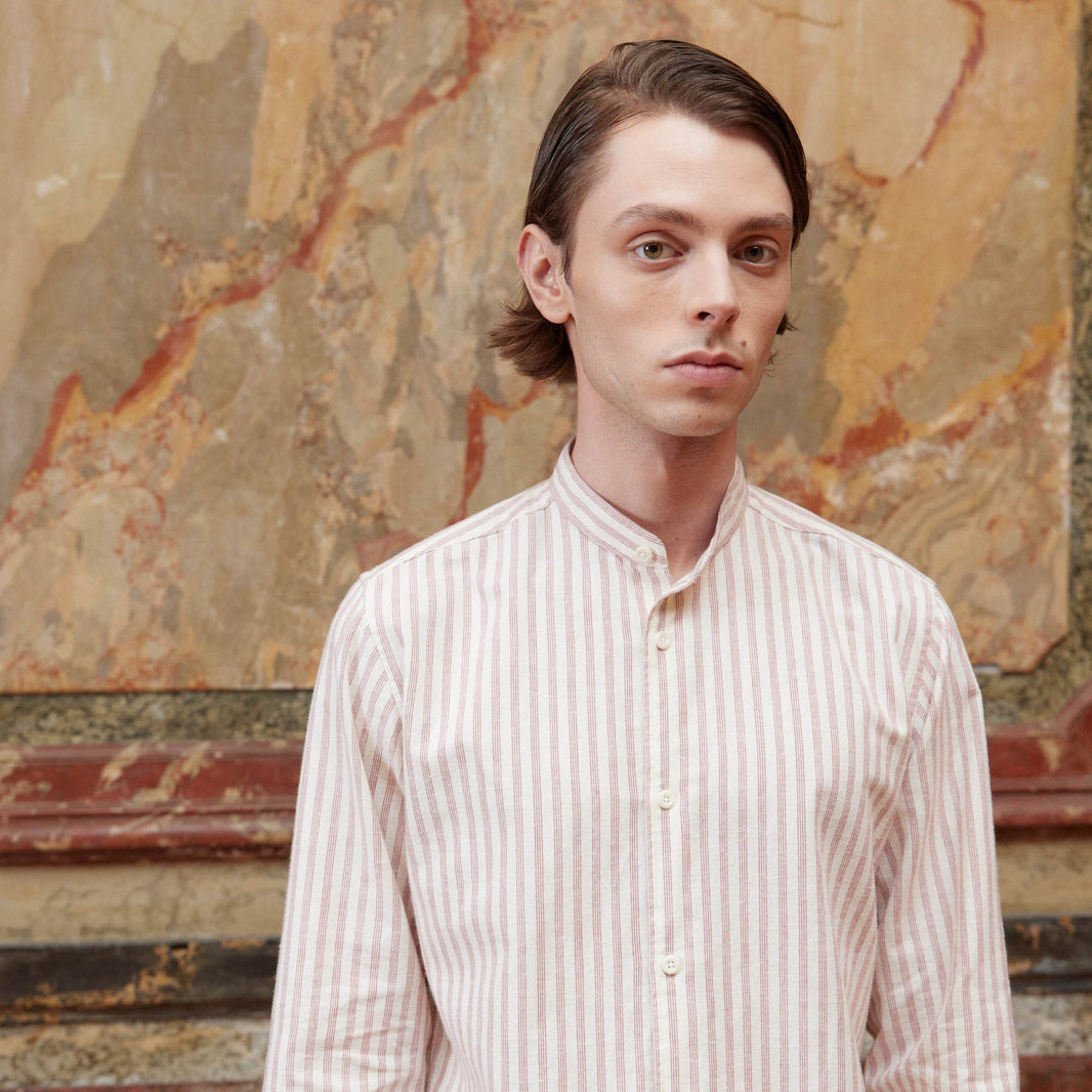 Ecru cotton and linen flannel shirt with burgundy stripes