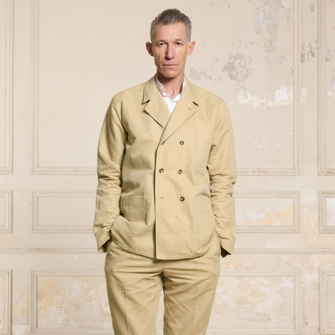 Beige cotton and linen double-breasted work jacket