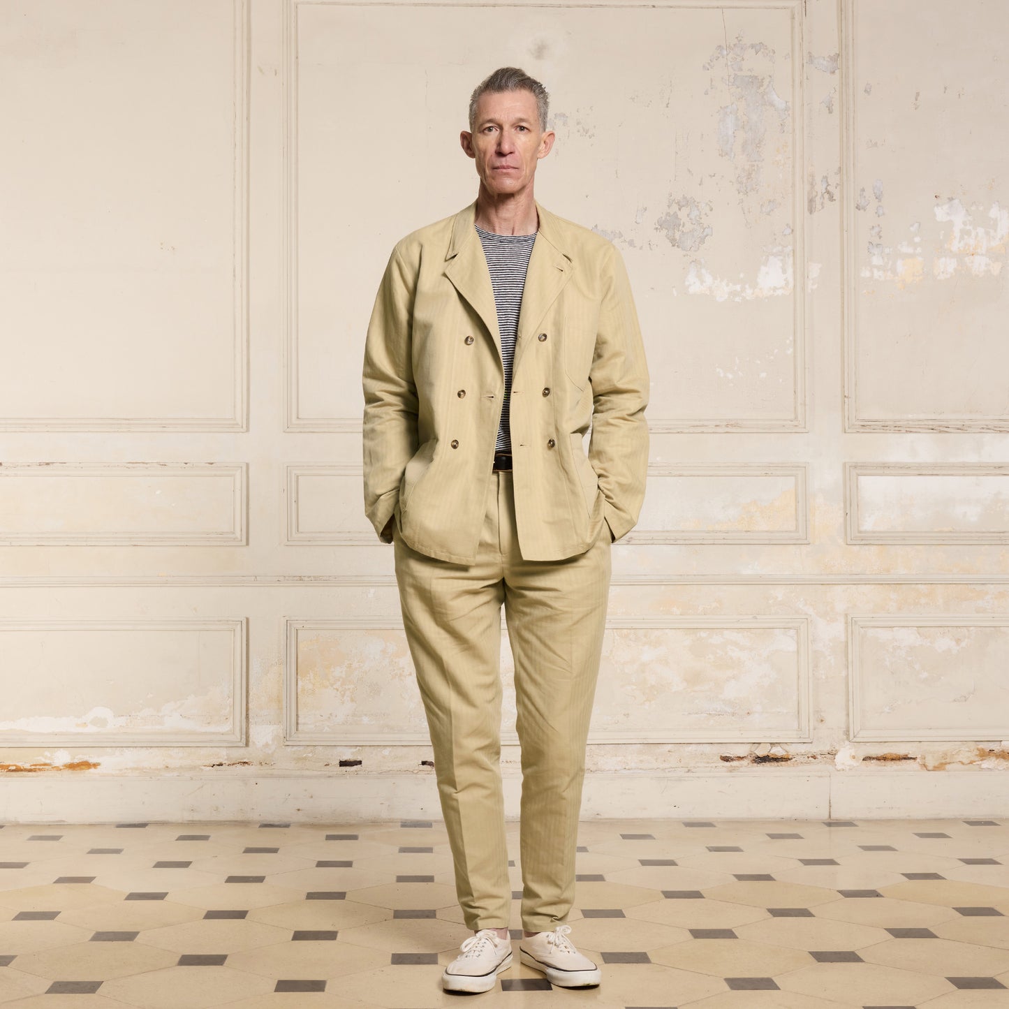 Beige cotton and linen double-breasted work jacket