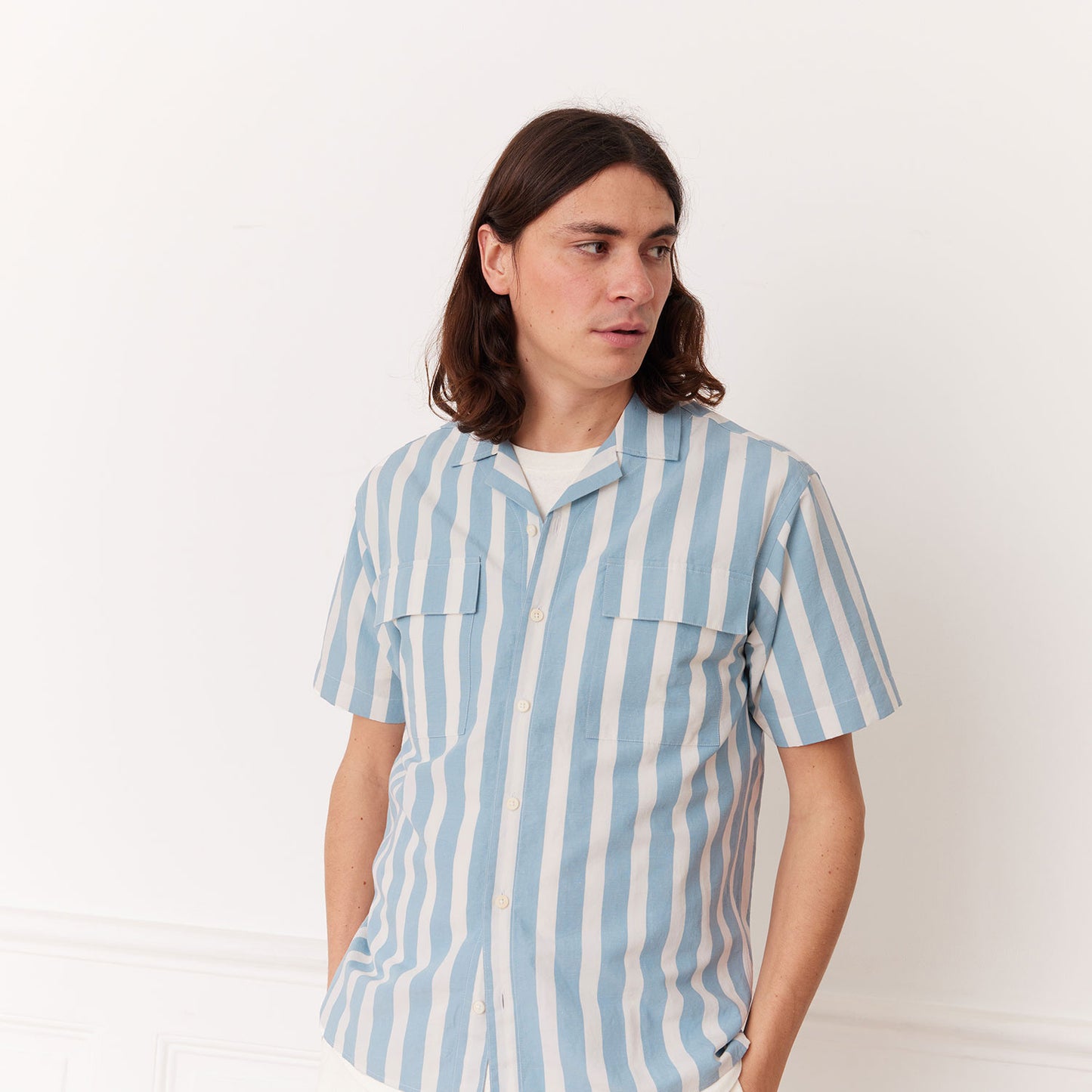 Short-sleeved linen and cotton shirt with blue and white stripes