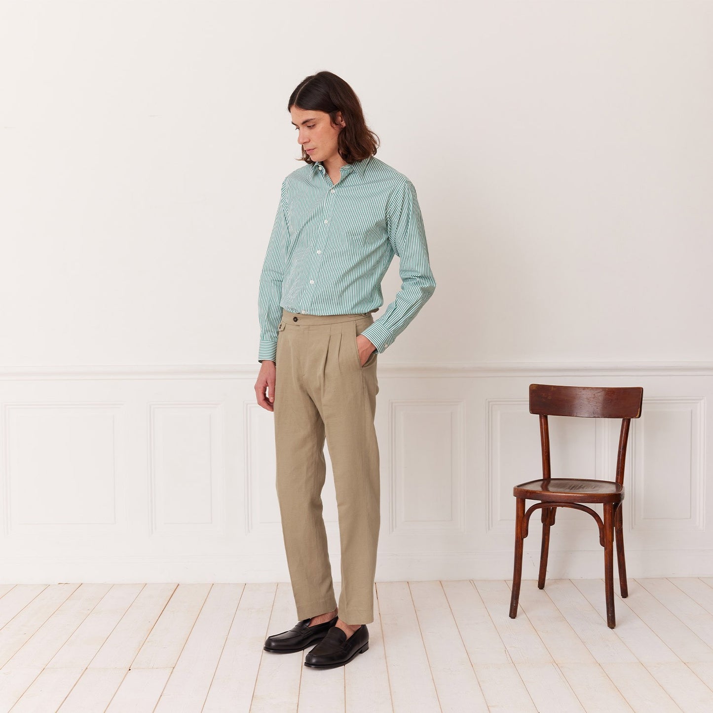 Pantalon à double plis en lin et coton beige