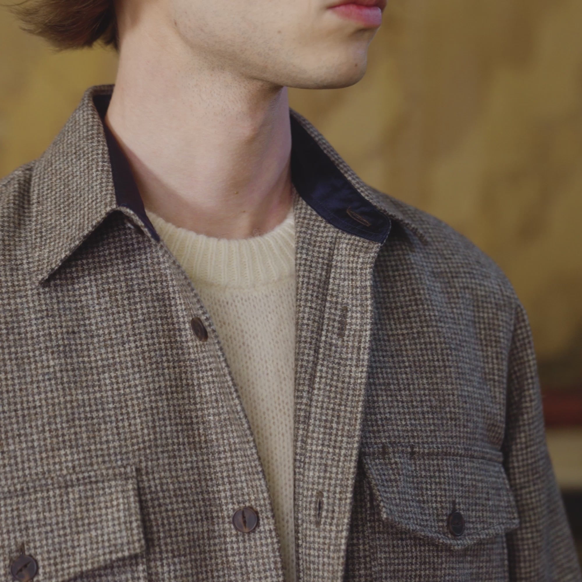 Brown micro houndstooth wool overshirt