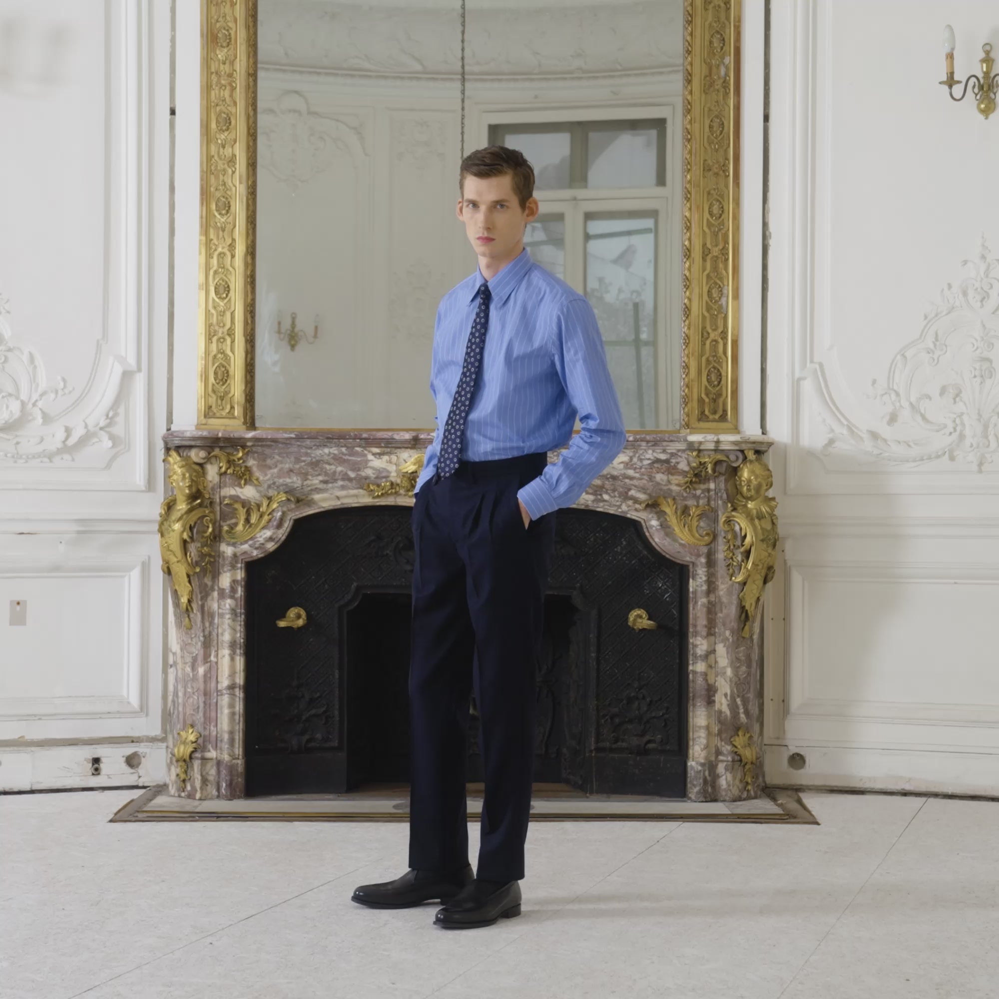 Blue poplin shirt with fine white stripes