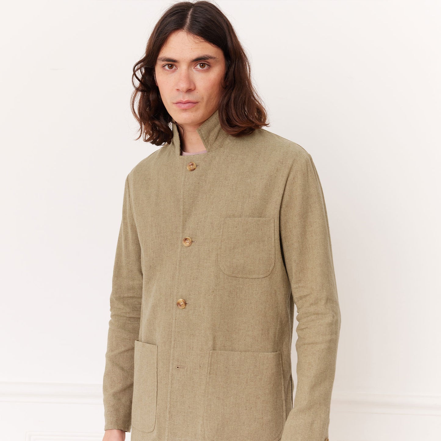 Veste tailleur déstructurée en lin et coton taupe